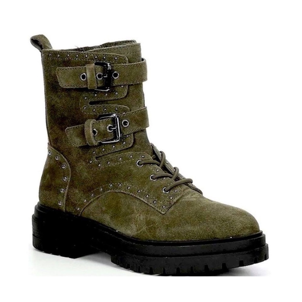 New Chelsea & Violet Green Studded Moto Combat Boots worn 2 x’s